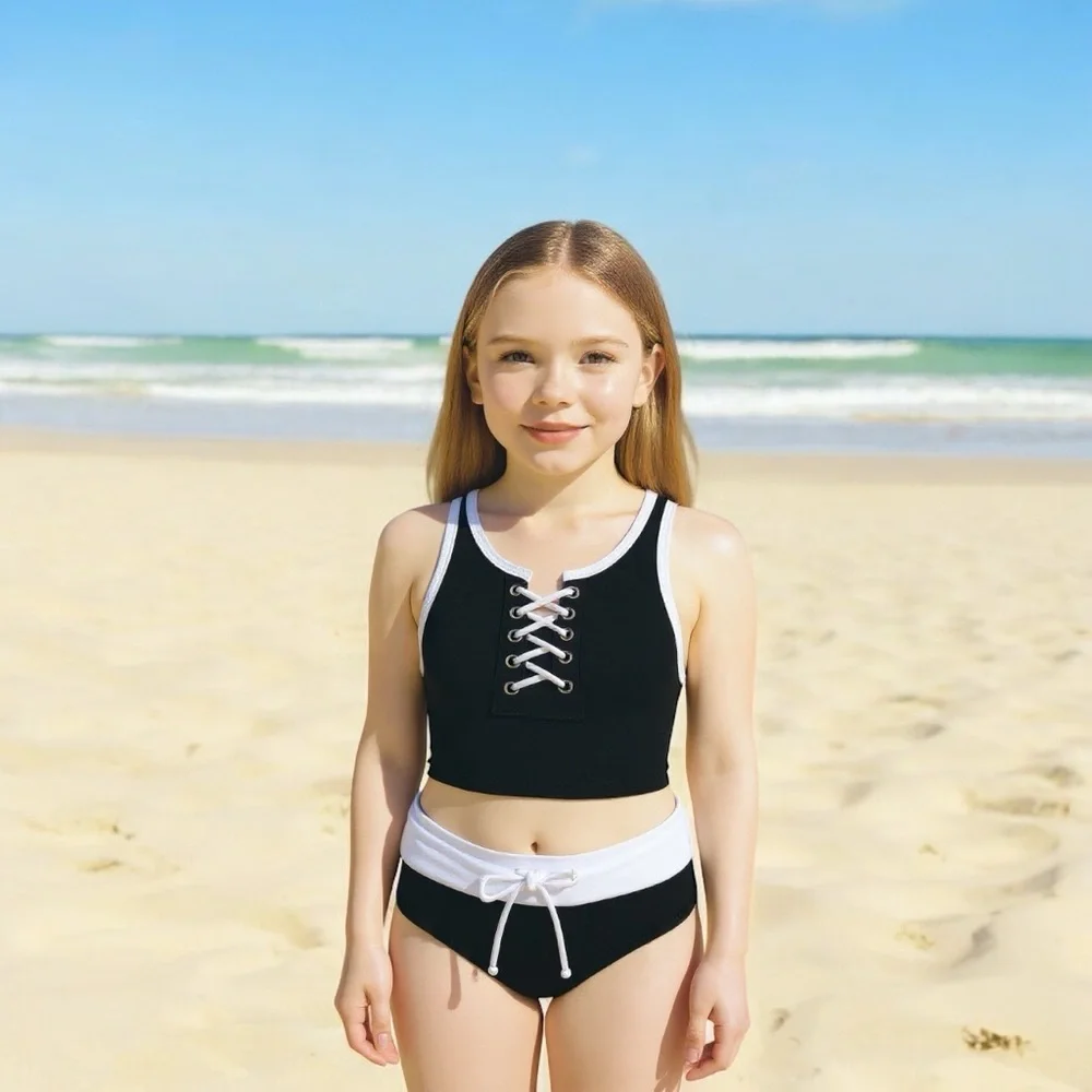 Submarine Black‎ and White Girls Swimsuit 2pc Tankini Lace-up sz 6 Fits 4/5